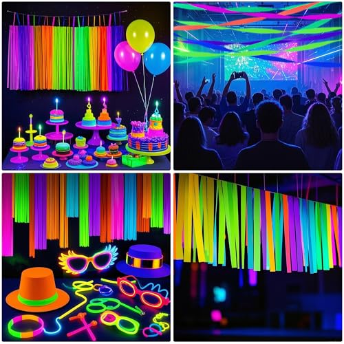 Image of Neon Crepe Paper Streamers, 2.2 inch x 123 Ft Per Roll Glow in The Dark Streamers 6 Rolls for Rainbow Birthday Party Wedding Decorations UV Blacklight Reactive Fluorescent Party Supplies