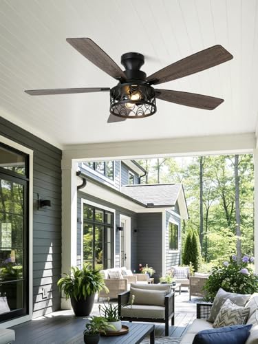 Image of 52 inch Farmhouse Rustic Flush Mount Caged Ceiling Fan with Light