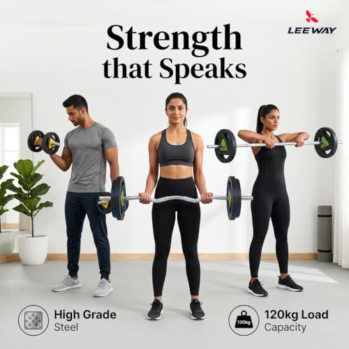 Image of Leeway 50kg Complete Home Gym Combo | Rubber Coated Metal Integrated Weight Plates | 28mm Standard Barbell Tri-Grip | 5ft Rod + Curl Rod + Dumbbells | Black | 50kg Set (2.5x4+5x4+10x2)