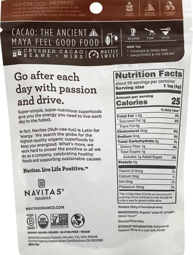 Image of Navitas Organics Cacao Nibs - Sweetened Dark Chocolate Crunch - Antioxidants, Minerals, Fiber - For Trail Mix, Baking & More - USDA Organic, Fairtrade, Non GMO, Gluten Free, Non-alkalized (8oz. Bag 57 Servings)