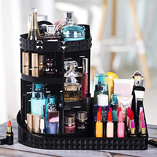 iPEGTOP Acrylic Rotating Makeup Organiser, 360 Degree Rotating Adjustable Jewelry Cosmetic Perfumes Display Stand Box, Great Capacity Make Up Storage For Dresser, Bedroom, Bathroom - Black