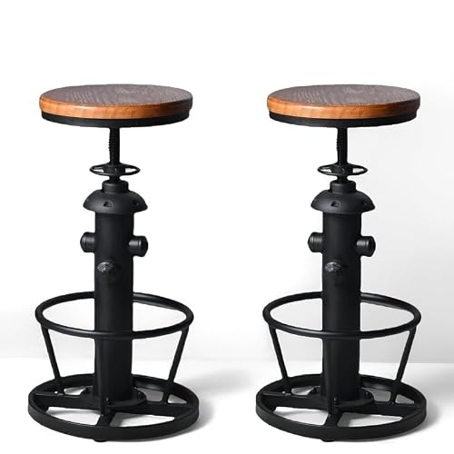 Image of BOKKOLIK Industrial Bar Stool Set of 2, Adjustable Height Counter Stools with Solid Pine Wood Seat, 360 Degree Swivel, Ring Footrest, Black Metal Frame, 24.8-30.7 Inch Height
