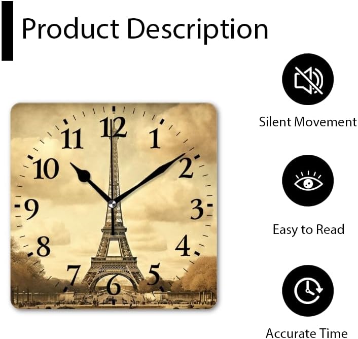 Battery Operated Wall Clocks Vintage-Style Featuring The Eiffel Tower in Paris Silent Non-Ticking Decor Clock with Photo for Bathroom,Office(16inch)