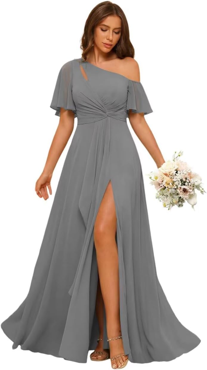 Clothfun One Shoulder Short Sleeve Chiffon Bridesmaid Dress Long High Waist Formal Dresses CYN060