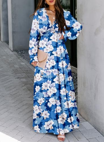 Image of BLENCOT Womens Casual Boho Floral Printed V Neck Long Sleeve Long Maxi Dress Spring Summer Dresses