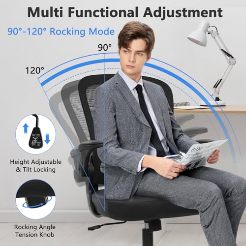 Image of KLASIKA Desk Chairs with Wheels, Ergonomic Mesh Back PU Leather Seat Home Office Adjustable Lumbar Support and Height Swivel Rolling Computer Task Chair with Flip Up Arms for Conference, Black, 2PK