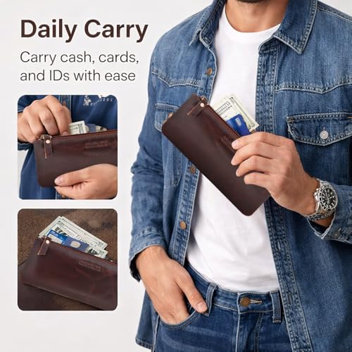 Image of CONTACTS Genuine Leather Small Pouch Multipurpose Utility Bag Zipper Pencil Pouches Holder Aesthetic for Adults Men Women Boys Coin Purse Money I Pen I Key I Tool Jewelry Bag - Brown