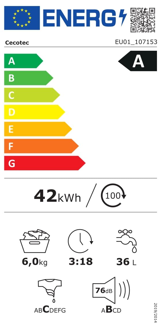 Cecotec Lavadora 6Kg Carga Frontal Bolero DressCode 620 Inverter. 1000RPM, 16 Programas, Bajo Consumo, Motor Inverter Plus, Función Vapor, Pre-Lavado, Programa Rápido 15', Spa Care y Delay Start
