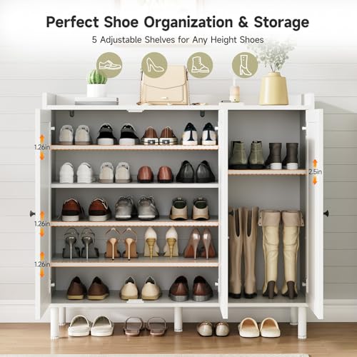 Image of ONBRILL Shoe Cabinet with 3 Doors and Adjustable Shelves, 30 Pairs Shoe Storage Cabinet, 40 Inch Tall Farmhouse Shoe Rack Shoe Organizer Cabinet for Entryway Living Room Closet, White