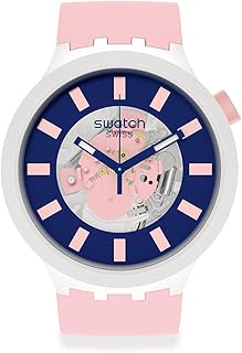 ساعة بحركة كوارتز وعرض انالوج وسوار مطاطي بلون بينك للجنسين من سواتش، موديل SB03M105، بمينا أزرق، بسوار الوردي