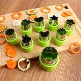 Fruit and Vegetable Cutter Stamp Set 9 Pieces - Love Heart, Star, Flower, Rabbit, Bear, Strawberry, Lace, Mushroom Shapes - Green Mini Pie Cookie Biscuit Mold for Baking
