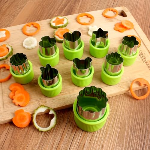 Fruit and Vegetable Cutter Stamp Set 9 Pieces - Love Heart, Star, Flower, Rabbit, Bear, Strawberry, Lace, Mushroom Shapes - Green Mini Pie Cookie Biscuit Mold for Baking