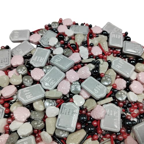 Image of Halloween Sprinkles Edible Red Black Sprinkles for Cake Decorating, Tombstone Skull Palm Bloody Sprinkle Mix for Cupcakes Cake Toppers Cookies Baking Decoratings