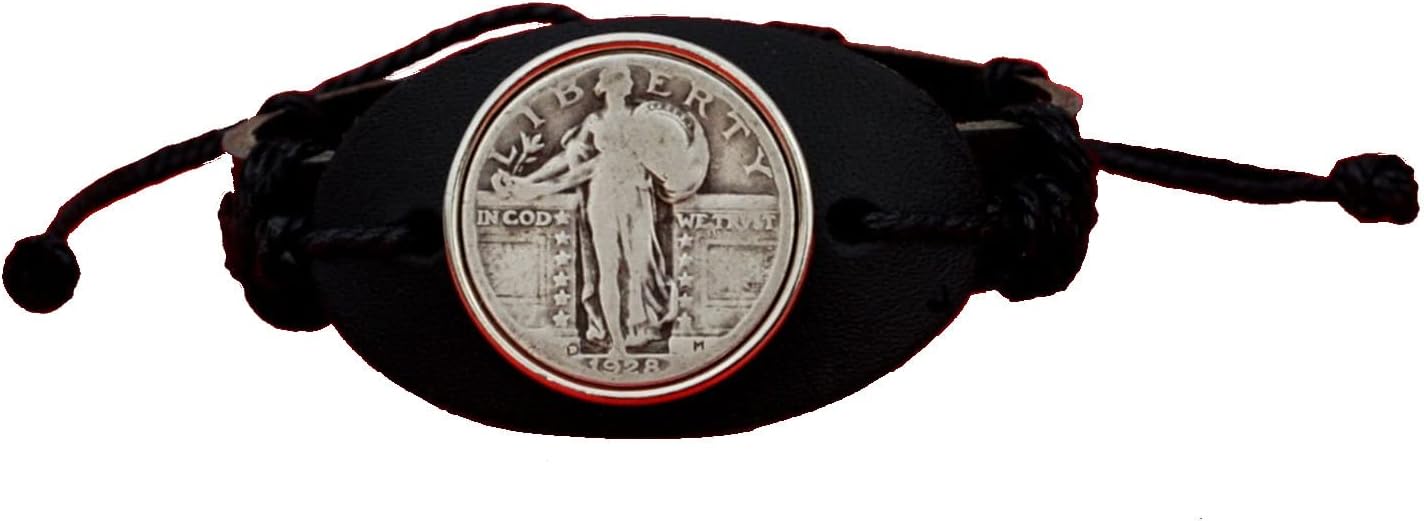 US 1928 Standing Liberty 90% Silver Quarter Genuine Black Leather Cuff Bangle Bracelet NEW