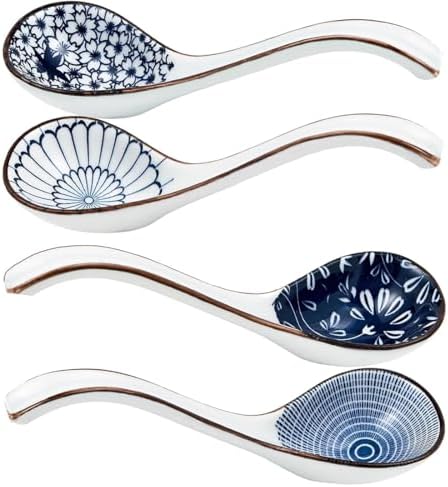 (4Pack) Ceramic Soup Spoons,Long Handle Ramen Spoons,Asian Soup Spoon,Japanese Soup Spoons for Ramen Pho Miso Wonton Noodles Rice