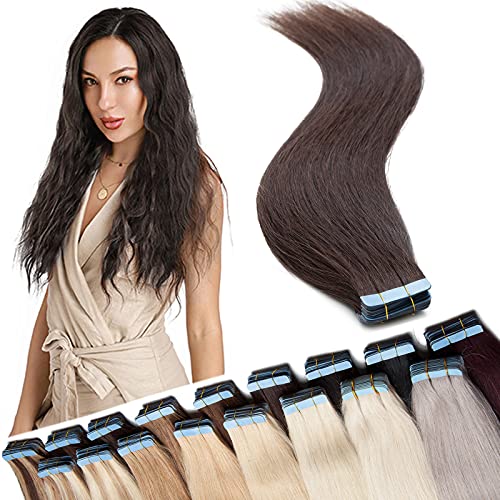 24 inch Tape in Hair Extensions Human Hair 40 Pcs 100% Remy Full Head Skin Weft Seamless Invisible Silky Straight Remi Real Hair Extension (100g,#2 Dark Brown)