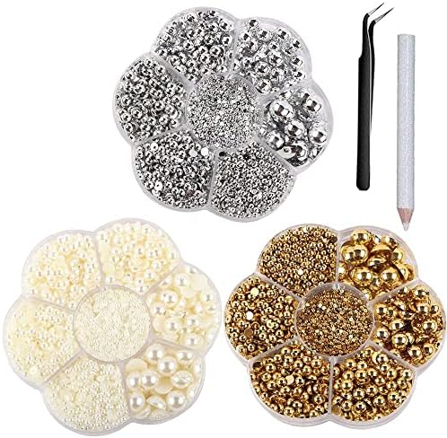 9437Pcs ABS Half Round Pearls Flatback Pearl Beads with Self Adhesive Resin Rhinestone Picker Pencil for DIY Phone Nail Face Art, Mixed Sizes 2/3/4/5/6/8/10 mm