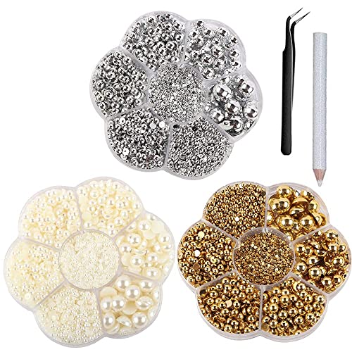 9437Pcs Abs Half Round Pearls Flatback Pearl Beads With Self Adhesive Resin Rhinestone Picker Pencil For Diy Phone Nail Face Art, Mixed Sizes 2/3/4/5/6/8/10 Mm #TOP18
