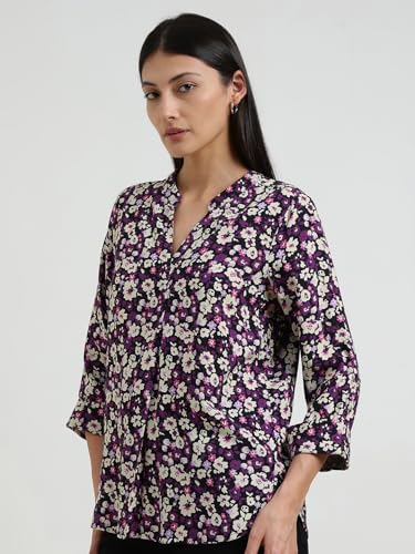 Image of FableStreet Women Shirt Work & Casual | Relaxed Fit Mandarin V-Neck Three-Quarter Sleeves Solid Pattern | Breathable Woven Fabric for Office & Everyday Wear