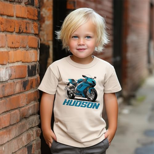 Personalized Blue Sport Bike Kids Shirt - Custom Name Race Motorcycle Birthday Outfit For Boys - Natural Toddler Youth Kids Clothing3