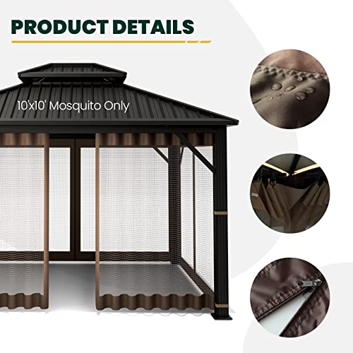 Gazebo Universal Replacement Mosquito Netting, Olilawn 10' X 10' Outdoor Canopy Net Screen 4-Panel Sidewall Curtain, With Zippers, Easy To Install, Fit For Most Gazebo 10X10 Canopy, Brown #TOP2