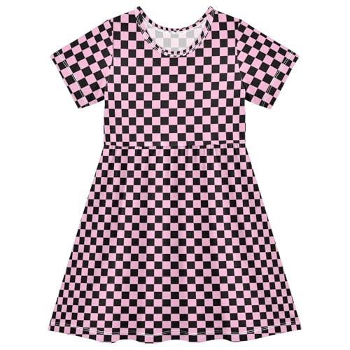 CaTaKu Girls Pink Black Checkered Dresses Toddler Summer Dress Short Sleeve Dresses for Girls Sundress 2-8T