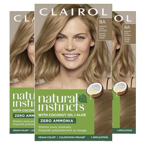 Image of Clairol Natural Instincts Demi-Permanent Hair Dye, 8A Medium Cool Blonde | Ammonia‑Free, Vegan Hair Color with Coconut Oil & Aloe Vera | Pack of 3
