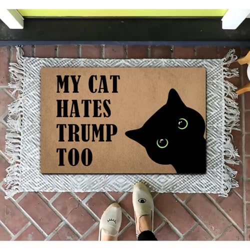 ZHAOFLY Funny Welcome Doormat for Front Door Mat House Warming Gift Rugs for Entrance Way Indoor Home Decor (23.7in X 15.6in) (My Cats Hates Trump Too Peeking Black Cat)