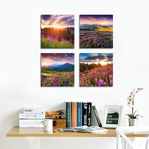 Noah Art-Modern Landscape Art Print Posters, Sun Light Over Mountains Wall Art Pictures Of Flowers On Canvas Print, 4 Piece Sunrise Canvas Art Ready To Hang Outdoor Wall Art For Bathroom Wall Decor #TOP6