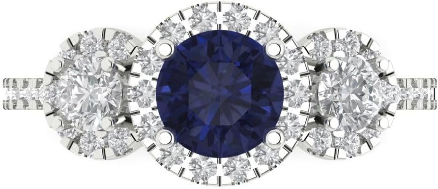 Clara Pucci 1.46cttw Blue Sapphire Round Cut Bridal Promise Ring for Women in 14K White Gold - Three-Stone Solid Gold (6.0mm)