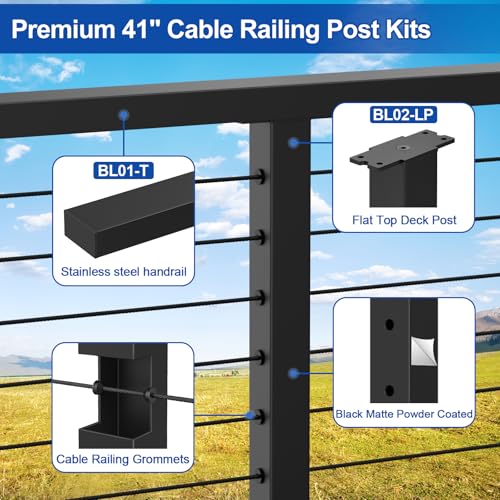 BLIKA Complete Set 42\" Cable Railing Post Kit, Black Level Drilled Cable Railing Post, Swageless Cable Railing System Kit Include 3Pack Level Posts, 200FT 1/8\" Stainless Cable(No Handrail)