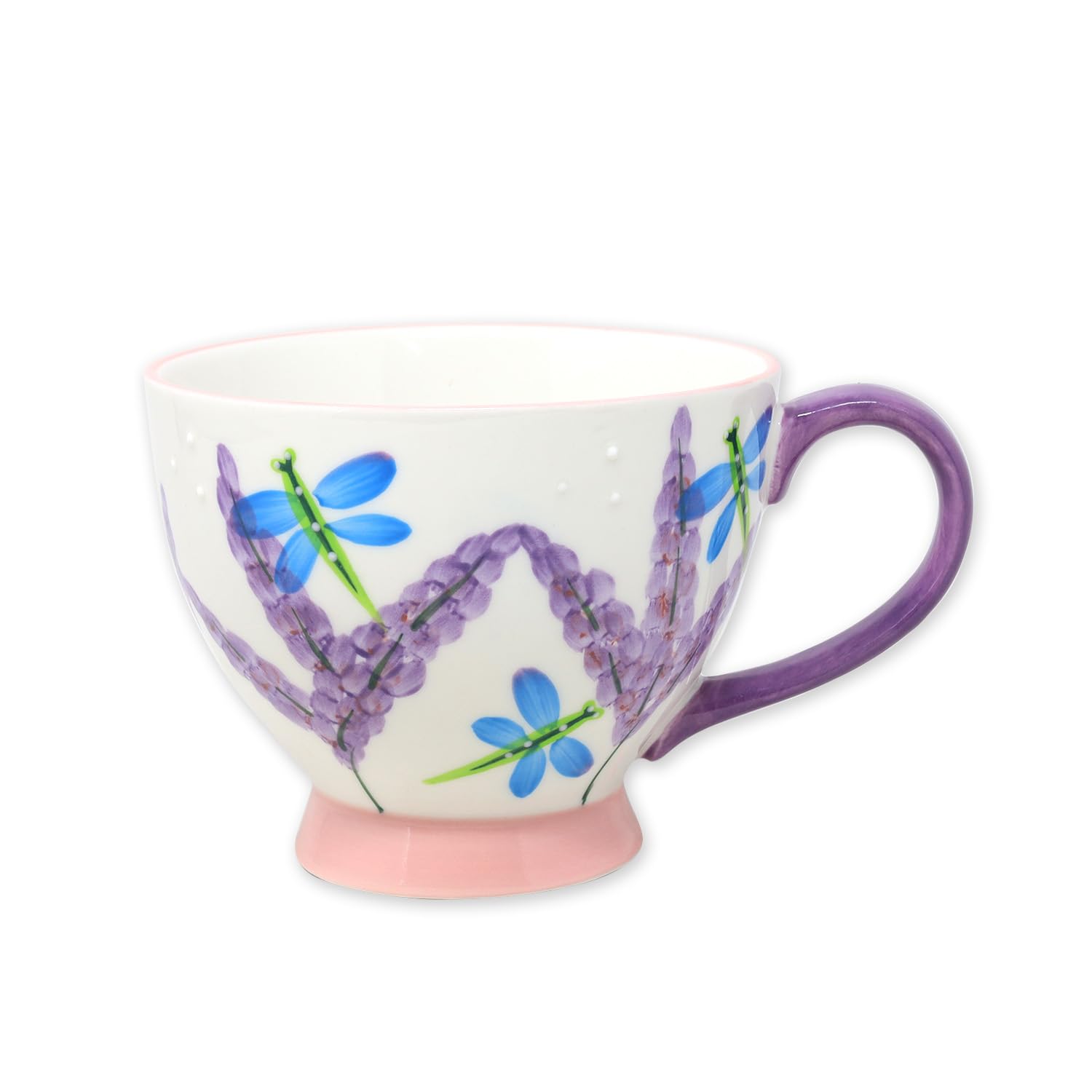 Ceramic Teacup Footed Mug Lavender Blue Dragonfly Coffee Cup FineChina Drinkware