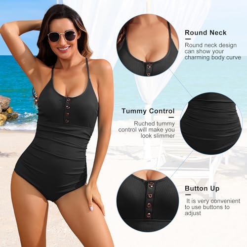 Century Star Ribbed One Piece Swimsuit for Women 2025 Tummy Control Vintage Bathing Suits Strap Swimwear with Button3