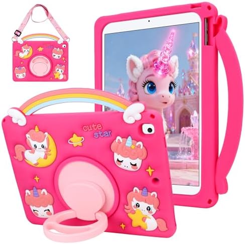 SAMONPOW for iPad 9th/ 8th/ 7th Generation Case (2021/2020/2019) Cute Rainbow Unicorn iPad Case 10.2 Inch for Kids Girls Teens with Strap Rotating Stand Handle Silicone Cover for iPad Cases 9th Gen
