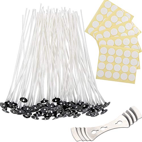 Juego de 100 mechas para hacer velas de Homeya, de algodón natural de bajo humo, no tóxicas, de 5.9 pulgadas, con 1 soporte de fijación de mechas y 100 pegatinas de doble cara con lunares