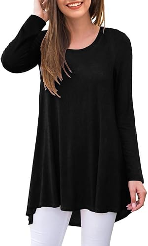 AWULIFFAN Blusa tipo túnica holgada de manga larga con cuello redondo para mujer 01 Negro