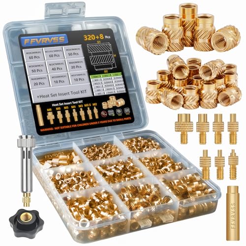 FFVRVSS 320+8Pcs M2 M2.5 M3 M4 M5 Premium Brass Threaded Inserts, Metric Brass Knurled Nuts Assortment Kit, with Heat Set Insert Tool, for Plastic and 3D Printing Components, All-in-one Solutions