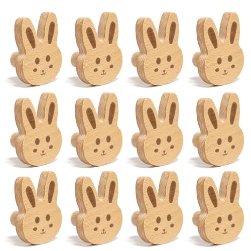 Auped Lot de 12 boutons en bois avec motif de lapin - Boutons décoratifs d'armoire et de tiroir en bois massif avec texture naturelle - Idéal pour chambre...
