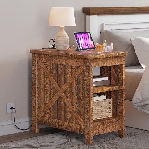 DWVO 2PCS Farmhouse Nightstand with Charging Station & Storage Shelves, Narrow Side Table for Small Spaces Bedroom/Living Room, Brown
