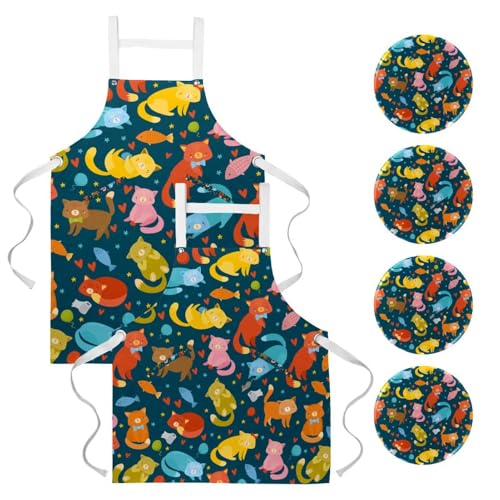 Tablier de cuisine avec motif animal coloré chats et poissons pour travail en bar et bistrot