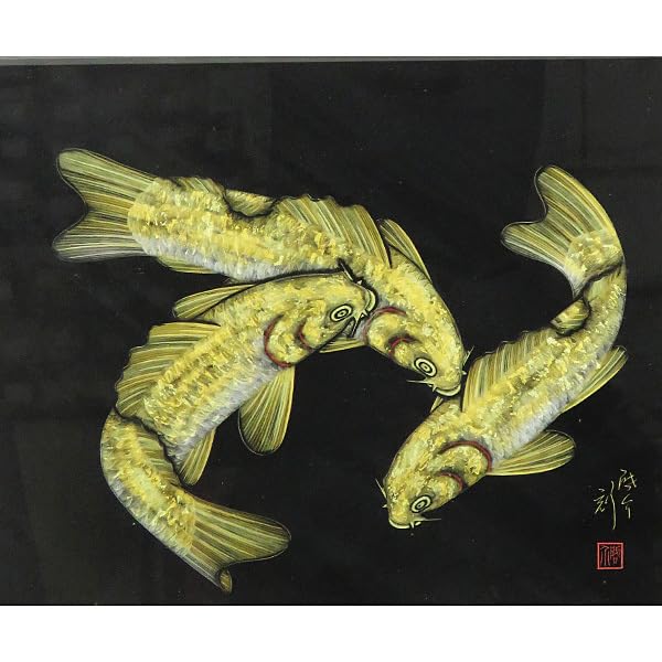 Amazon.co.jp: -1759【真作】小西啓介金彩漆芸画黄金群鯉共箱額装沈金 