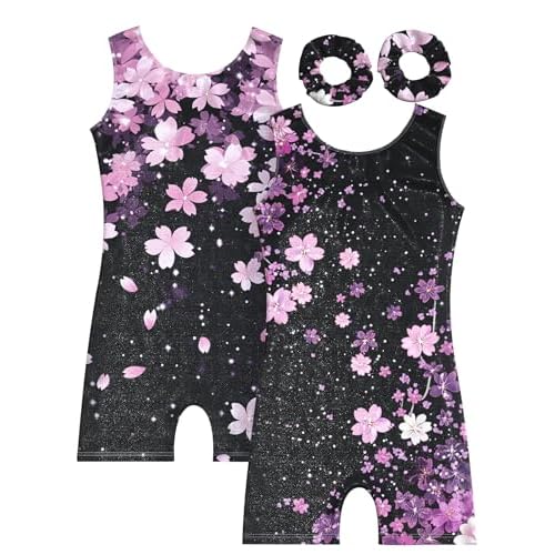 MOLLDAN Gymnastics Leotard for Girls Dance Biketard Unitards 2 Pack Tumbling Outfits for Kids 2pcs Black & Pink Flower 5-6 Years