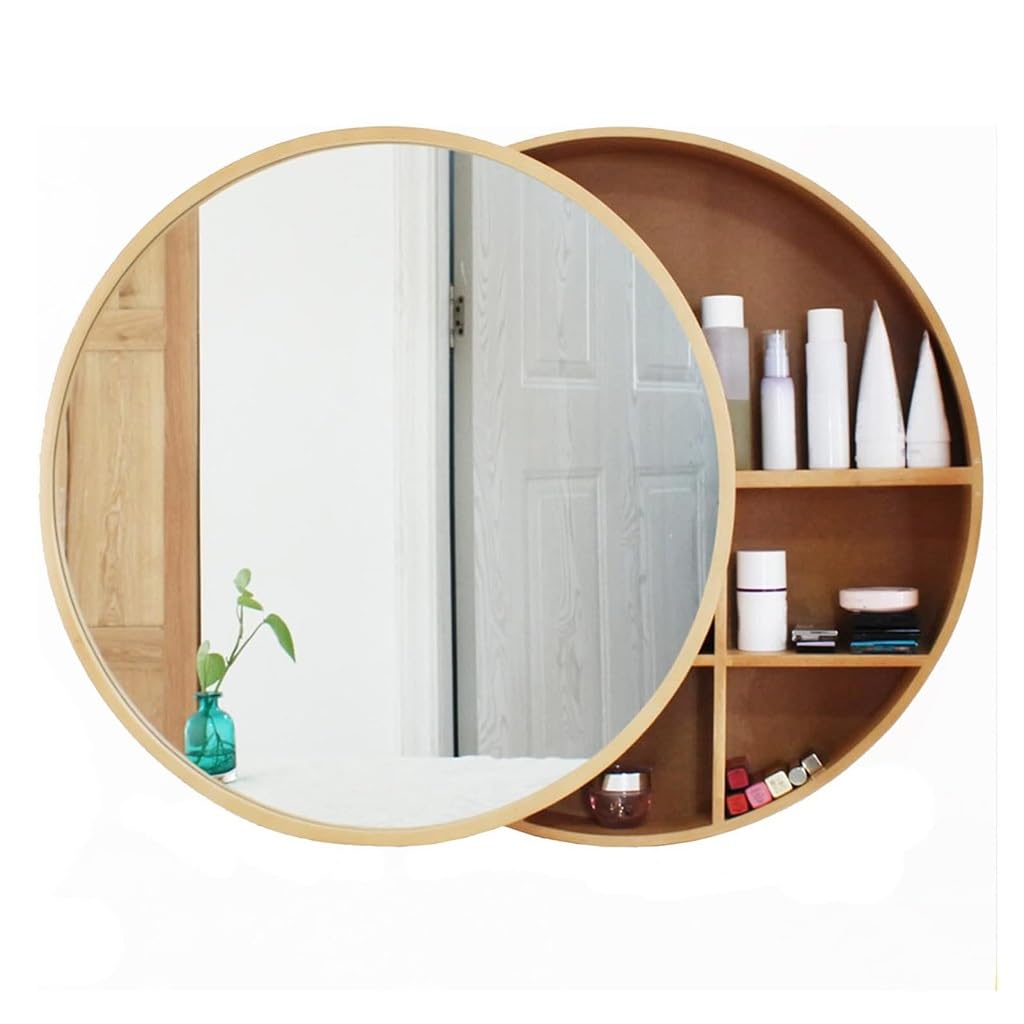 Easnuroz 60/70cm Bathroom Mirror Cabinet Sliding Bathroom Wall Mounted Mirror Cabinet Round Wall Solid Wood Large Furniture Storage Mirror(Wood,60cm/23.6in)