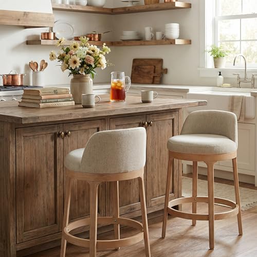 Christopher Knight Home Chole 26.5" H Bar Stools Set of 2, Indoor Wooden Counter Stools with Round Upholstered Seat, Kitchen Stools, Rubberwood Frame with Footrest for Dining Island, Beige + Natural by Christopher Knight Home - Used condition - Image 2
