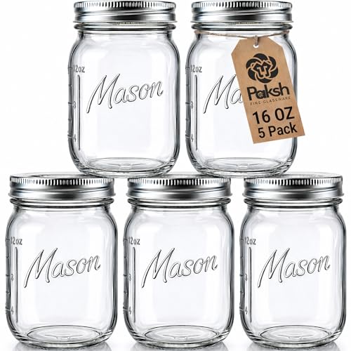 Paksh Novelty 16 oz Mason Jars with Lids Regular Mouth 5 Pack