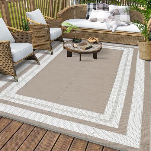 GAOMON Outdoor Rug for Patio 9x18 Plastic Straw Rug Waterproof Reversible Mat Modern Bordered Patio Rug for Porch RV Backyard Pool Deck Picnic Beach Trailer Camping Border-Coffee