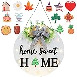 Interchangeable Welcome Sign for Front Door with 14 Changeable Icons, Farmhouse Front Porch Decor Rustic Wooden Wall Sign with 12 LED Lights, Outdoor Seasonal Welcome Home Decorations (White1)