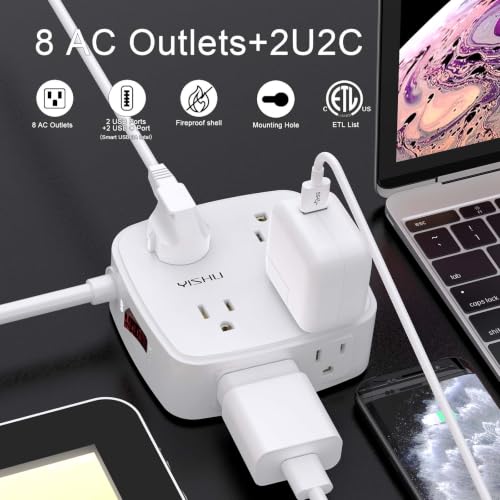 Image of 3Ft Surge Protector Power Strip - 8 Widely Outlets with 4 USB Ports, 3 Side Outlet Extender with 3 Feet Extension Cord, Flat Plug, Wall Mount, Desk USB Charging Station, ETL, White