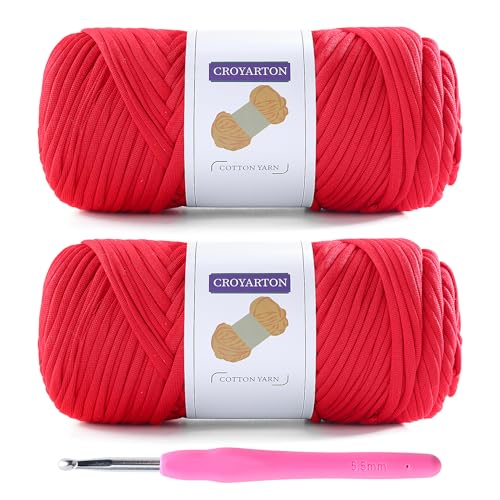 Image of 2 Pack T Shirt Yarn for Crocheting with 1 Crochet Hook, Elastic Tshirt Yarn for Crochet Bag /Baskets /Home Decor, Spaghetti Yarn Thick Knitting Yarn Total Length 130 Yds, Weight 14 Oz (Red)