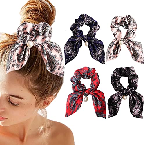 Chennie Bowknot Hair Scrunchies Black Chiffon Hair Ties with pearl Hair Scarf Hair Accessories for Women and Girls (Pack of 4)